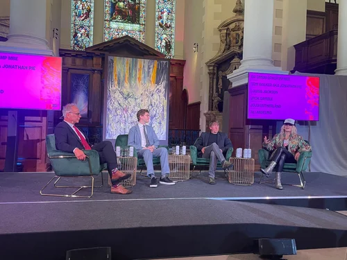 Dr Simon Opher MP, Jack Gamble (Campaign for the Arts), Tom Walker (Jonathan Pie) and Lu Jackson at the SXSW London 2025 comedy panel.