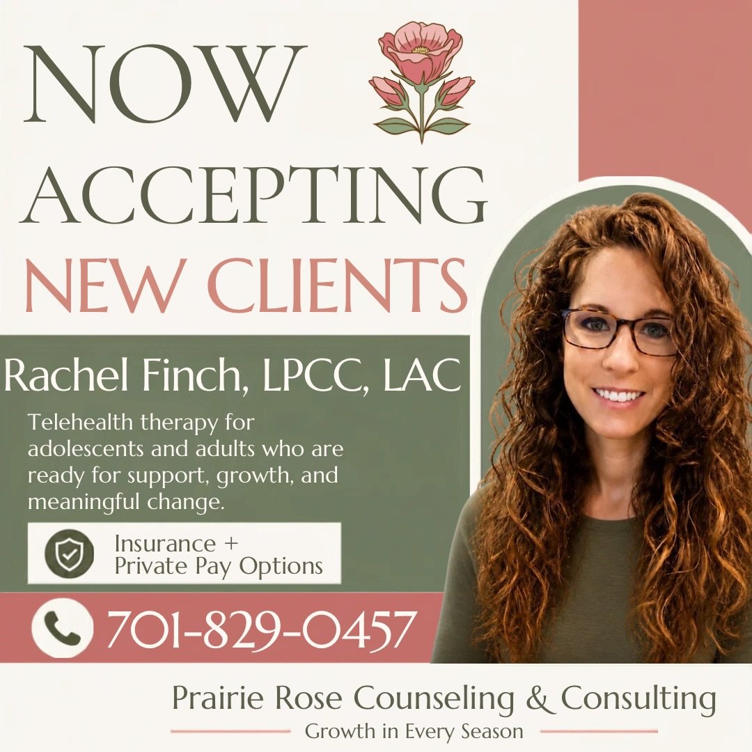 Now accepting new clients!

Evening telehealth appointments available with Rachel Finch, LPCC, LAC.

Insurance + private pay options available.

Message us to get started or call/text (701) 829-0457