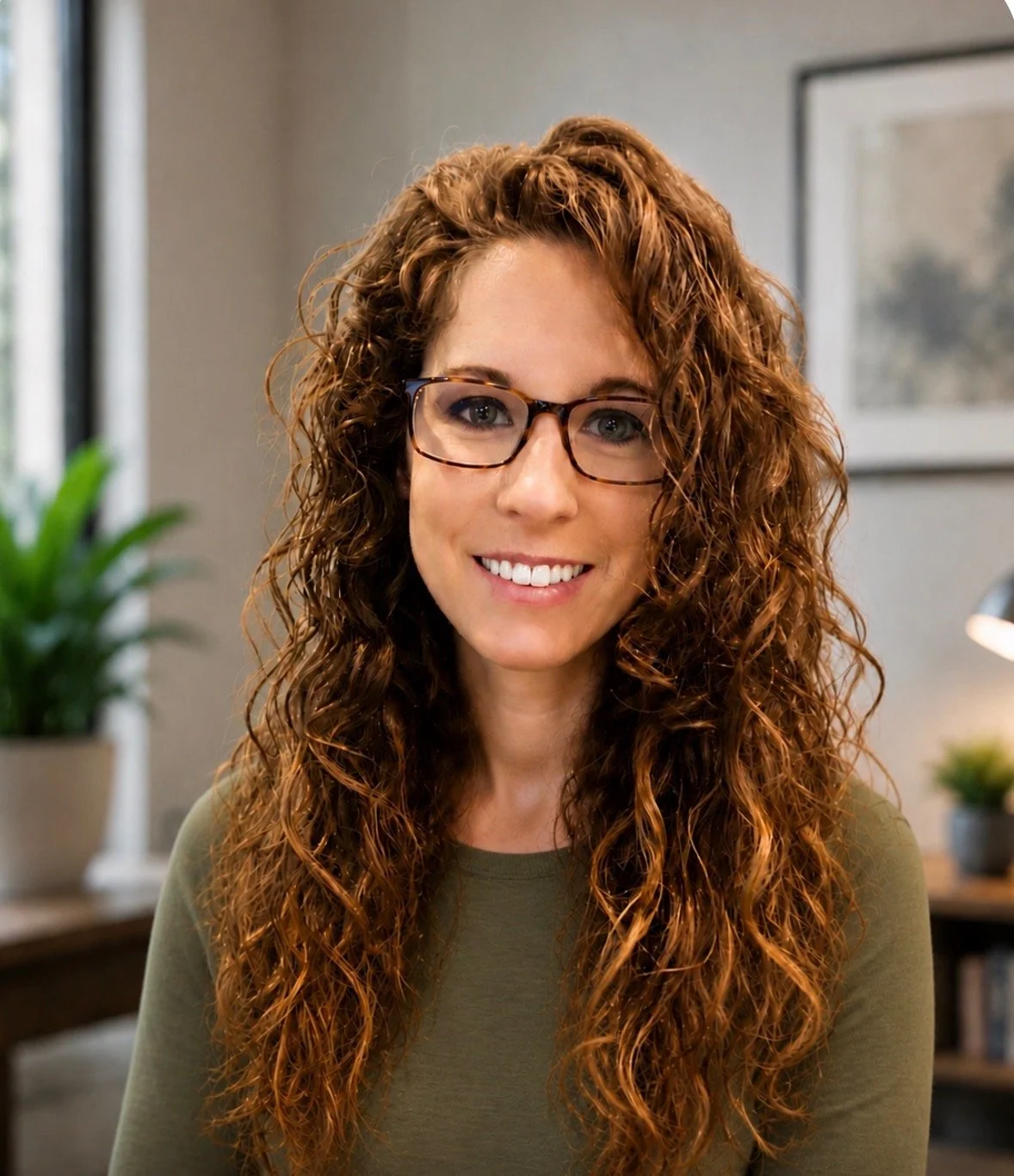 A woman with curly red hair, glasses, and a green shirt smiling in an indoor setting with plants and artwork in the background.