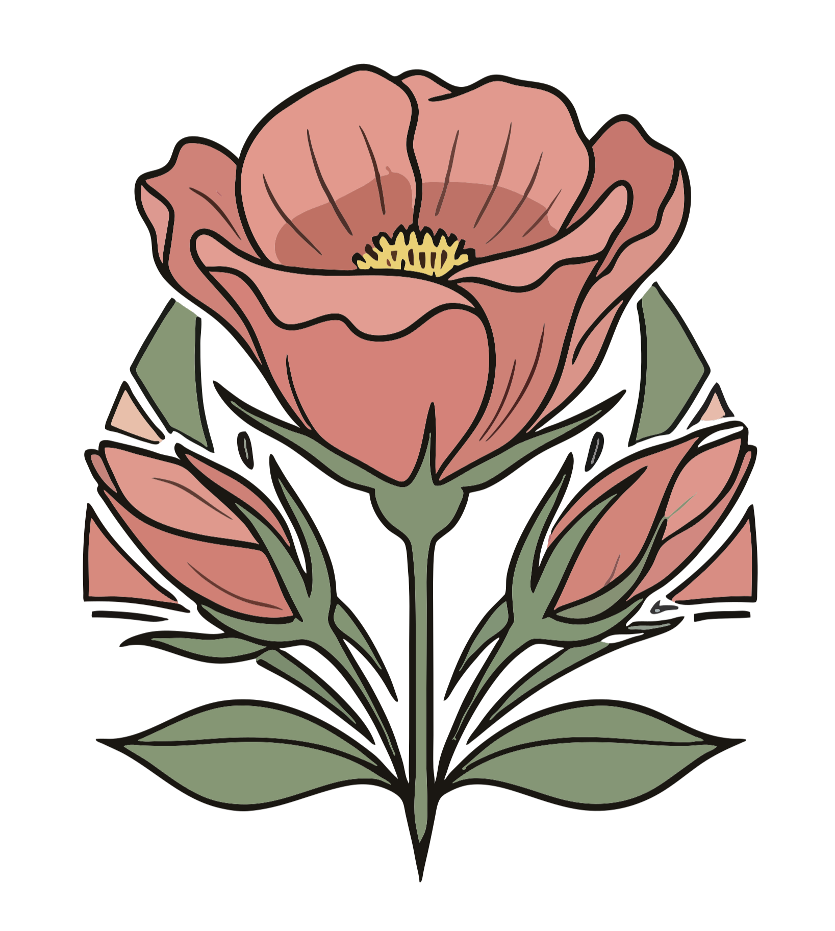 Illustration of a pink flower with overlapping petals, yellow center, green leaves, and stem.