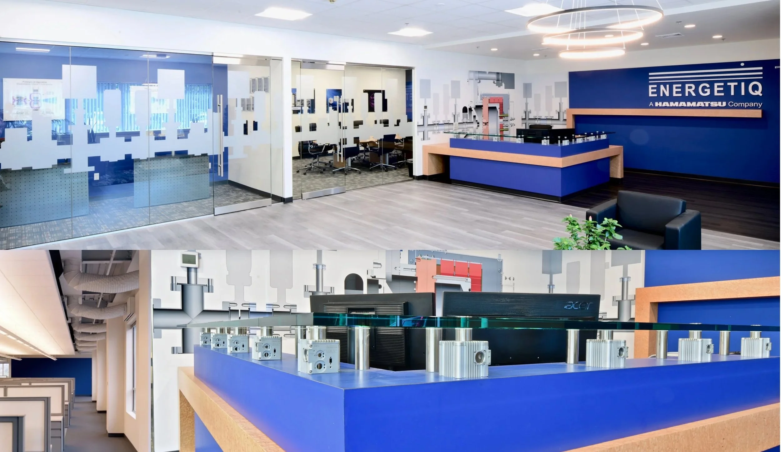 Modern office reception area and technical display with machinery and equipment, featuring a prominent blue wall with 'ENERGETIQ' branding.