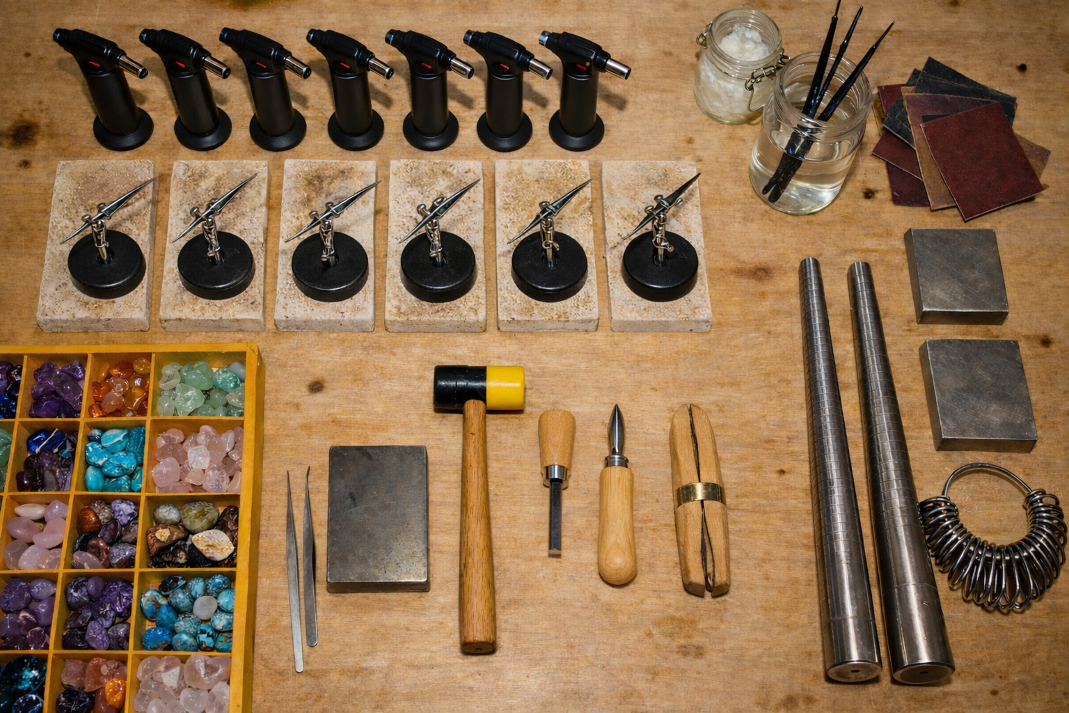 a collection of cabochons and silversmithing tools displayed on a studio table at a jewelry making class