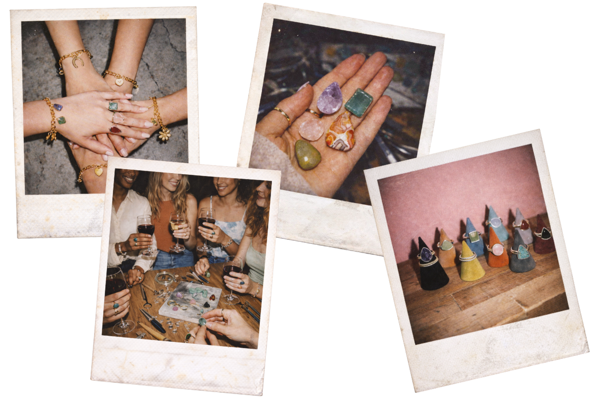 Polaroid pictures of people making jewelry in a wine tasting room, woodinville jewelry making experience