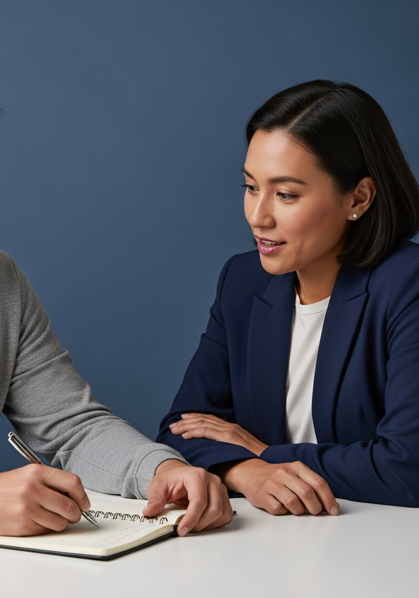 A woman with short black hair in a navy blazer and white shirt, sitting at a table, looking at a person taking notes in a notebook.
