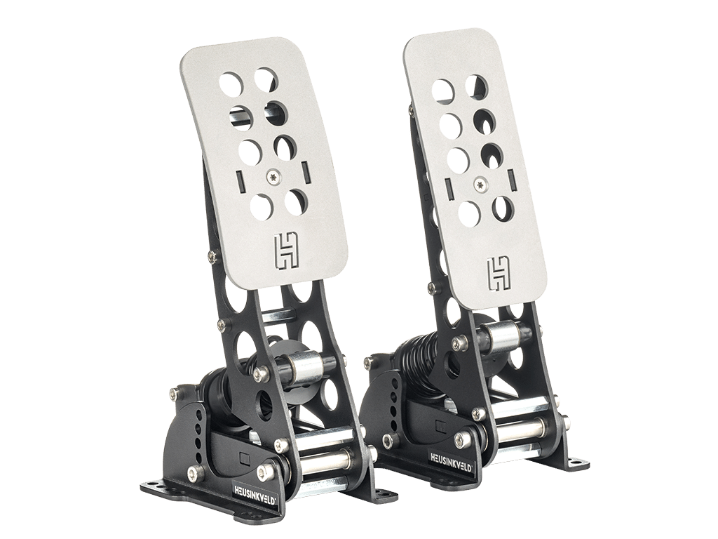 A pair of racing simulation pedals made of metal with adjustable springs and footplates.