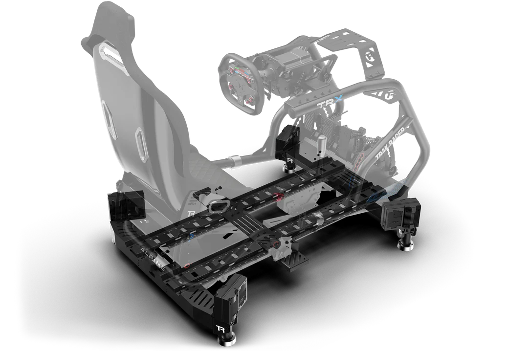 A racing simulator rig with a real car steering wheel, racing seat, pedals, and a frame.