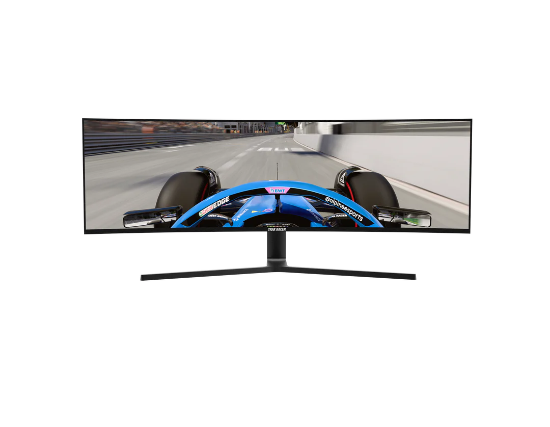 Curved widescreen computer monitor displaying a racing car on a race track.