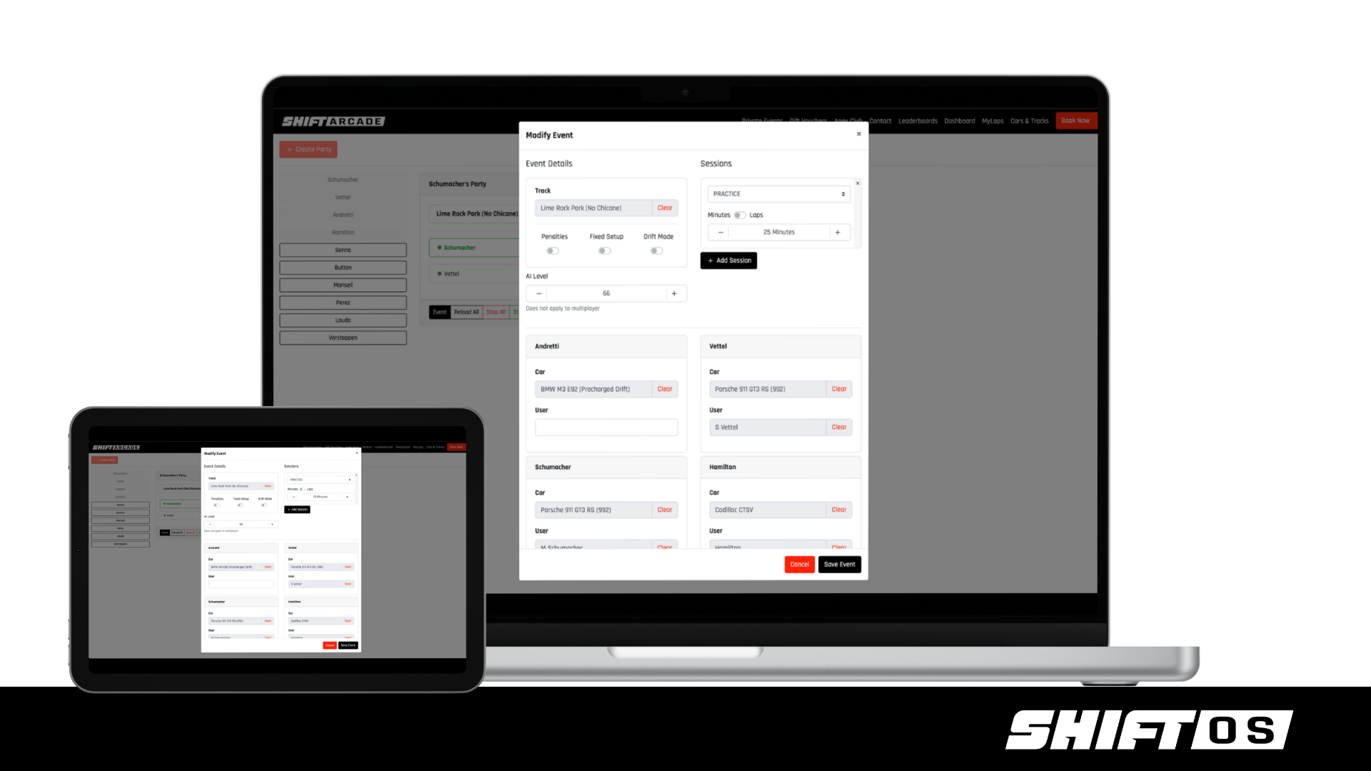 Electronic devices, a laptop and a tablet, displaying the SHIFT OS software interface for managing racing events, with various event details and session options visible.