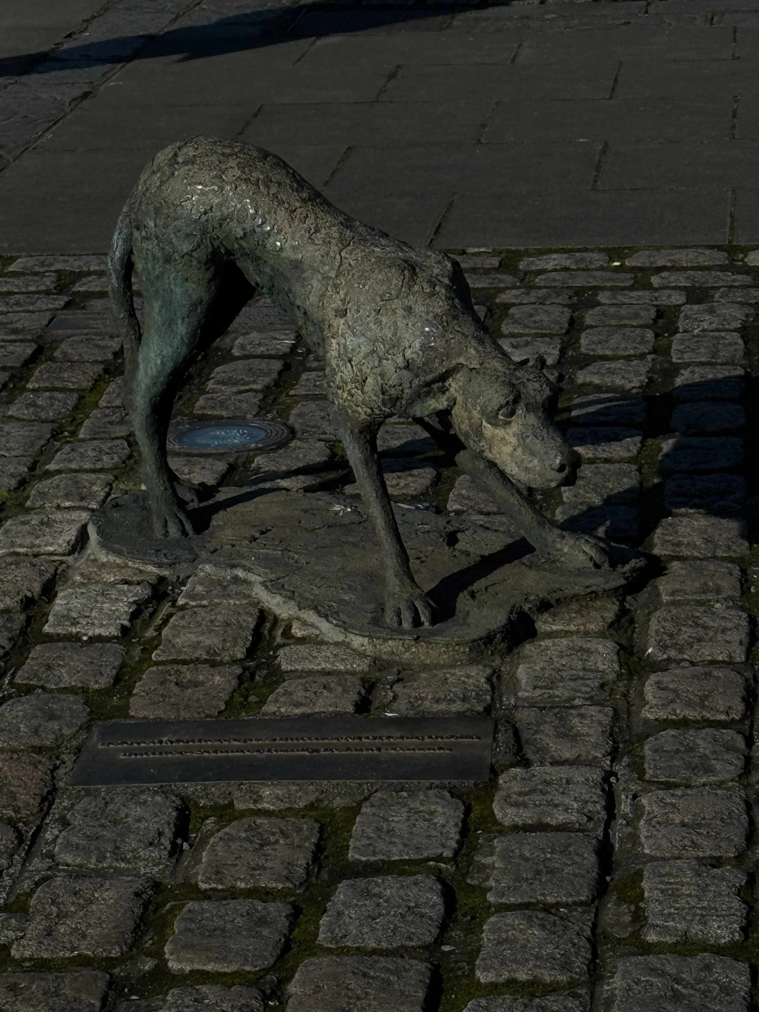 Statue of the famine memorial, a close up of a disshevelled dog