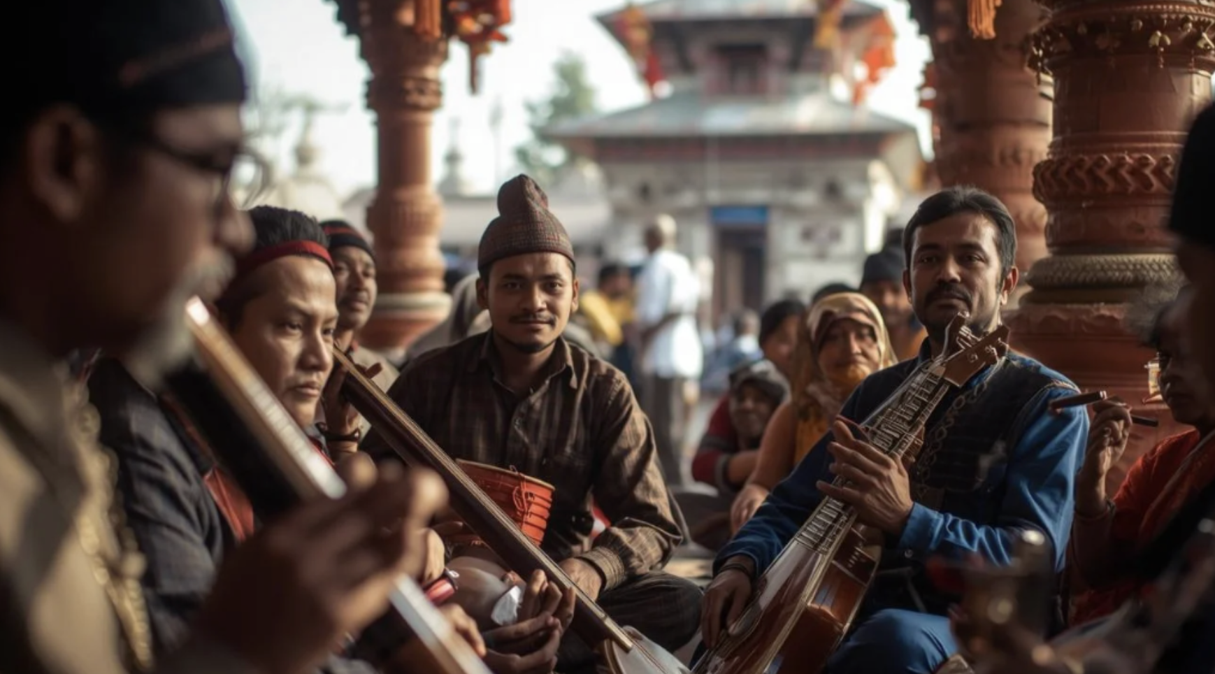 Group of Nepali musicians gathered outside a temple