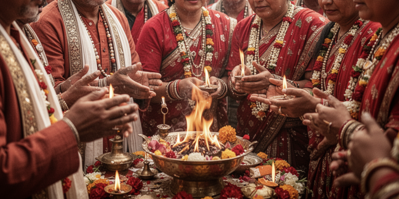 Group of women in traditional Indian attire performing a religious ceremony around a fire, with lit oil lamps and flower decorations.