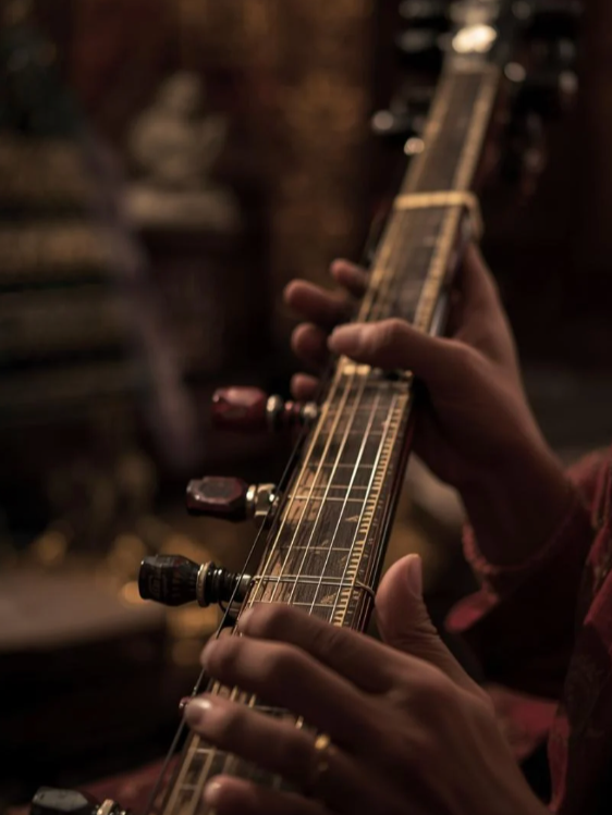 Close-up of a person playing a traditional Indian musical instrument,