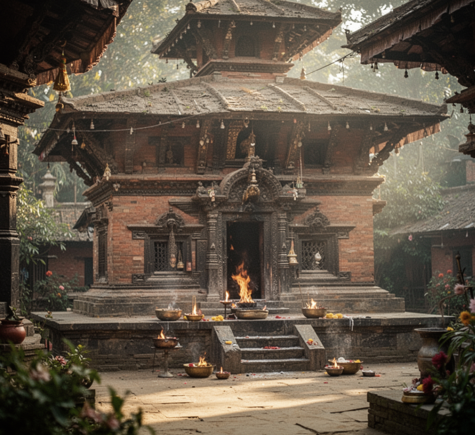 A traditional Nepali temple made of red brick with intricate wooden carvings, surrounded by offerings and flames for a ritual ceremony.