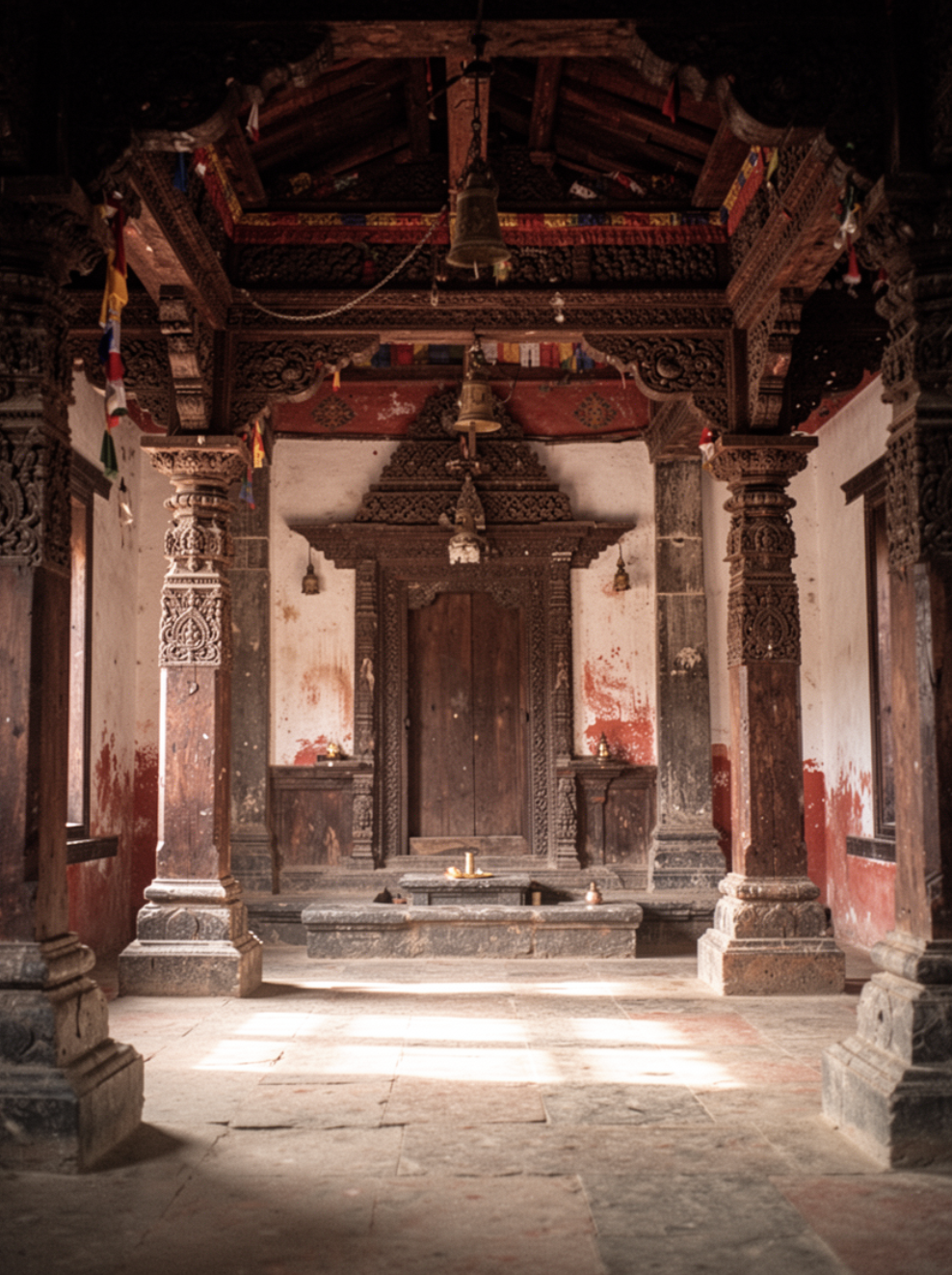 An ancient temple interior with intricately carved wooden pillars and ceiling, worn red walls, and a central wooden door with small altars and candles in front.