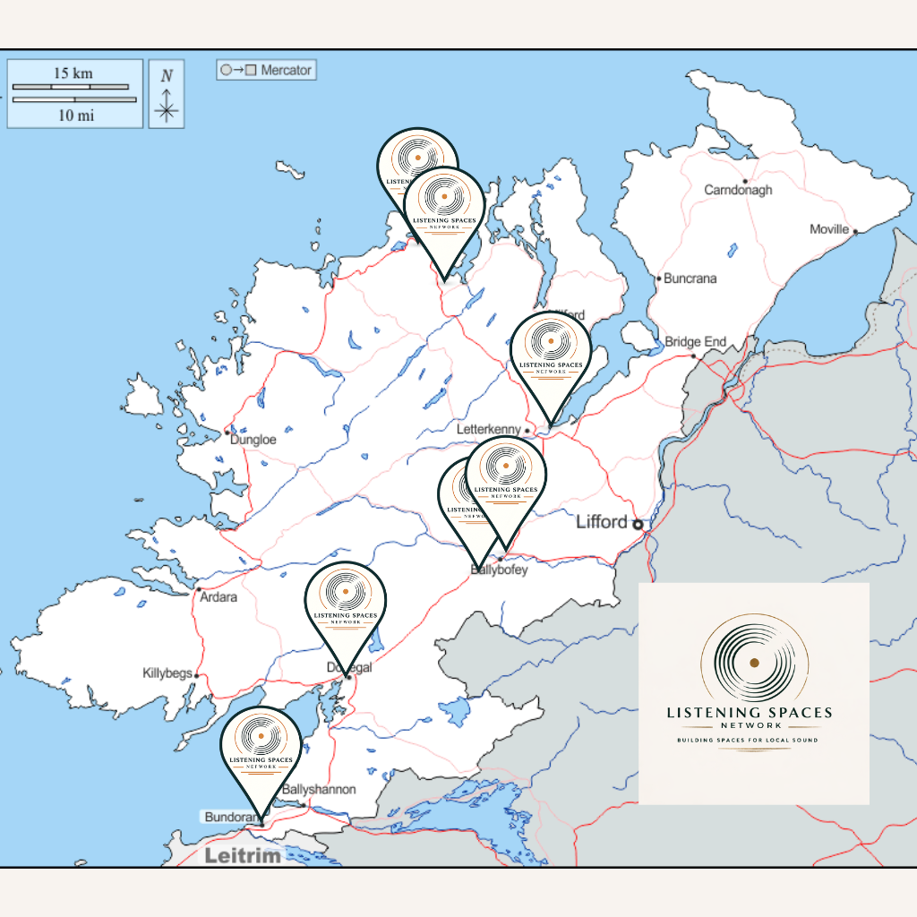 Map of Ireland with locations marked by pins indicating Listening Spaces Network sites, showing major roads and water bodies.