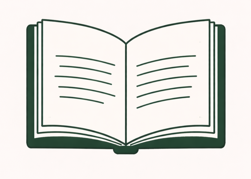 A stylized illustration of an open book with blank pages.