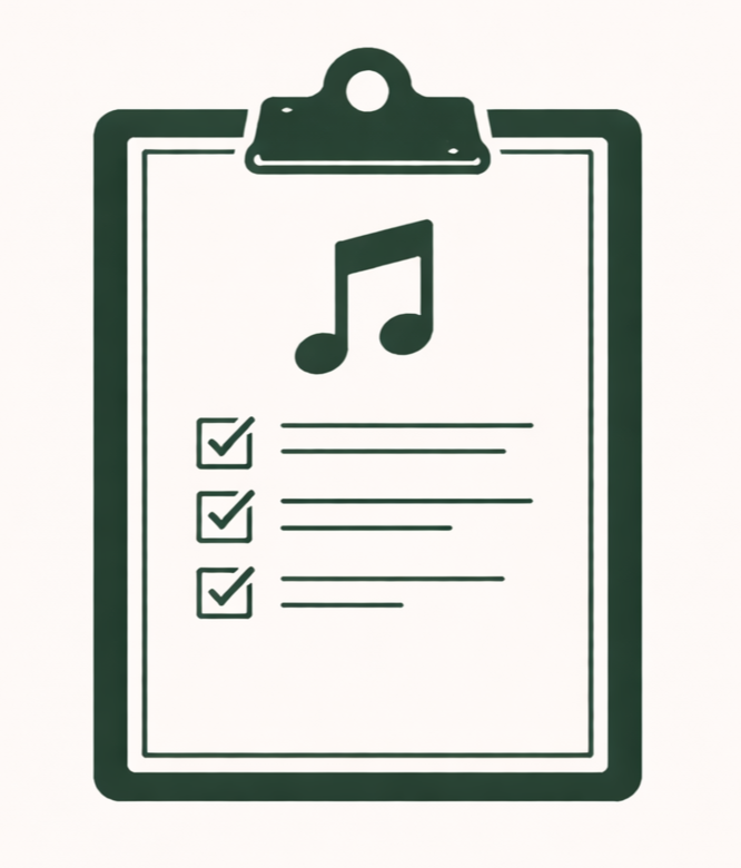 A clipboard with a music note at the top, three checkboxes with checkmarks, and lines of text next to each checkbox.