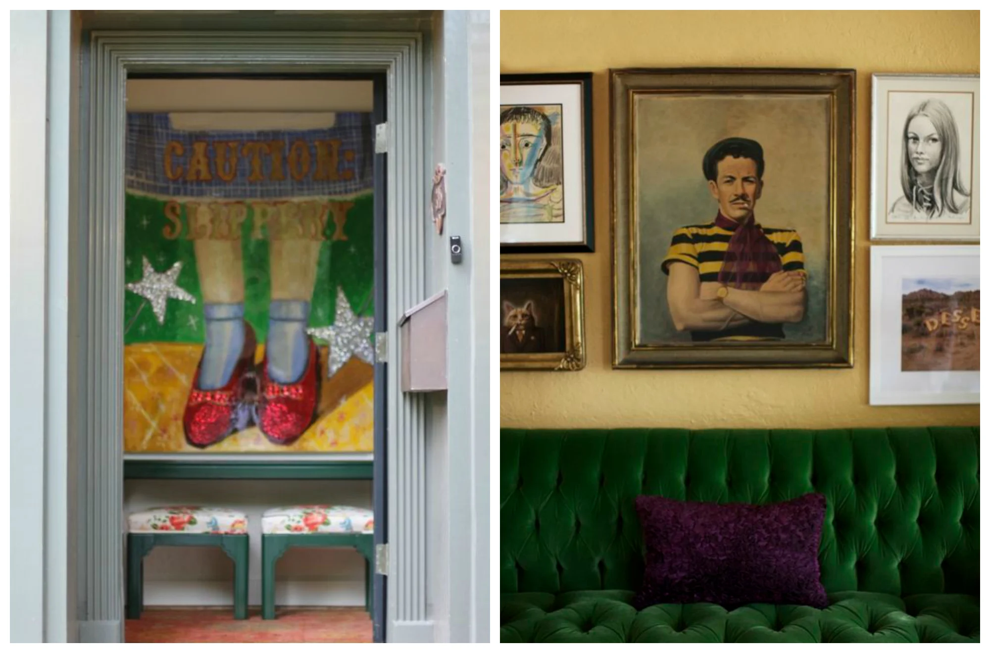 Left: The giant glittering work of art at the entrance to one of her previous homes is by one of my favorite artists, Ashley Longshore.