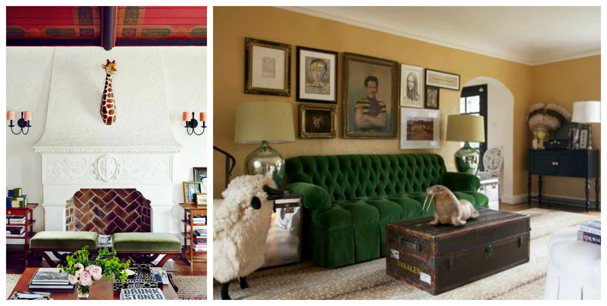Right: A sheep, a walrus, a vintage trunk, and antelope print carpet? Honestly, it doesn't get any better.&nbsp;