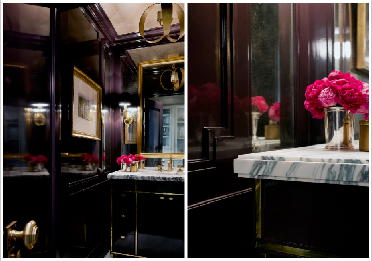 I'm not kidding people, I could move into this powder bathroom. One time I just stood in there for like 10 minutes, soaking up the lacquered eggplant walls and drooling over the brass details. Think I could squeeze my suitcase in there...?