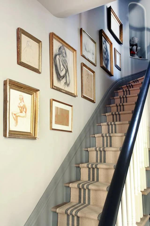 Blue gray STRIPES? &nbsp;Gold-framed nude sketches?? I might faint! &nbsp;Perfection.