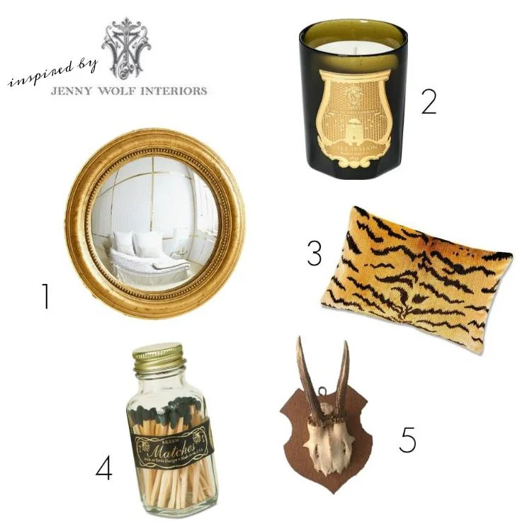 1. Gold Convex Mirror $89.90/ &nbsp;2. Cire Trudon Candle $55 / 3. Scalamandre Le Tigre Pillow Cover&nbsp;$249 / 4. Mini Vintage Match Bottle $10 / 5. Vintage Mounted Horns $52