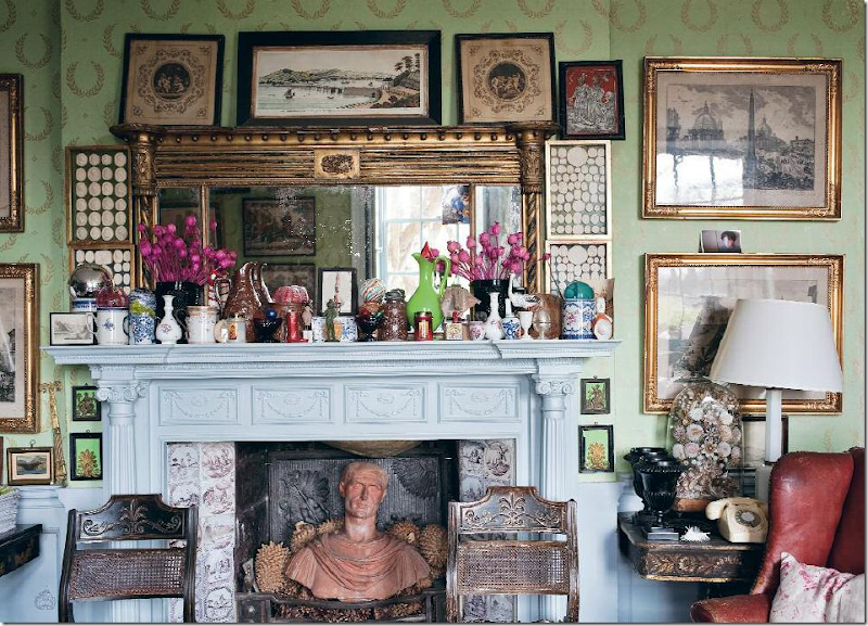 19” century intaglios hidden amidst a deliciously cluttered mantle at Hanham Court , the historic house owned by famed garden designing couple — Julian and Isabel Bannerman.