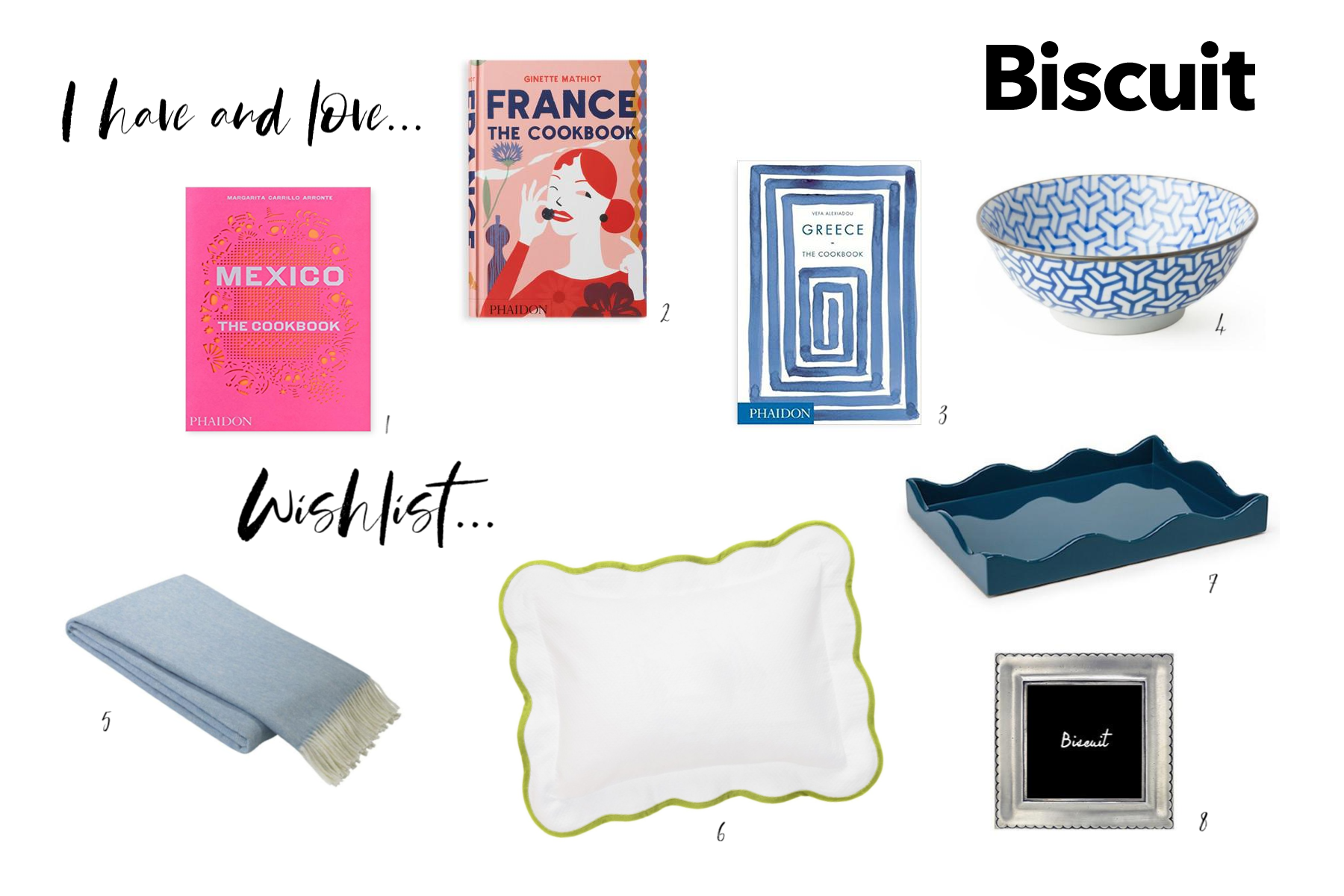 1. Mexico Cookbook 2. France Cookbook 3. Greece Cookbook 4. Blue &amp; White Bowls 5. Throw Blanket 6. Boudoir Sham 7. Small Tray 8. Pewter Frame
