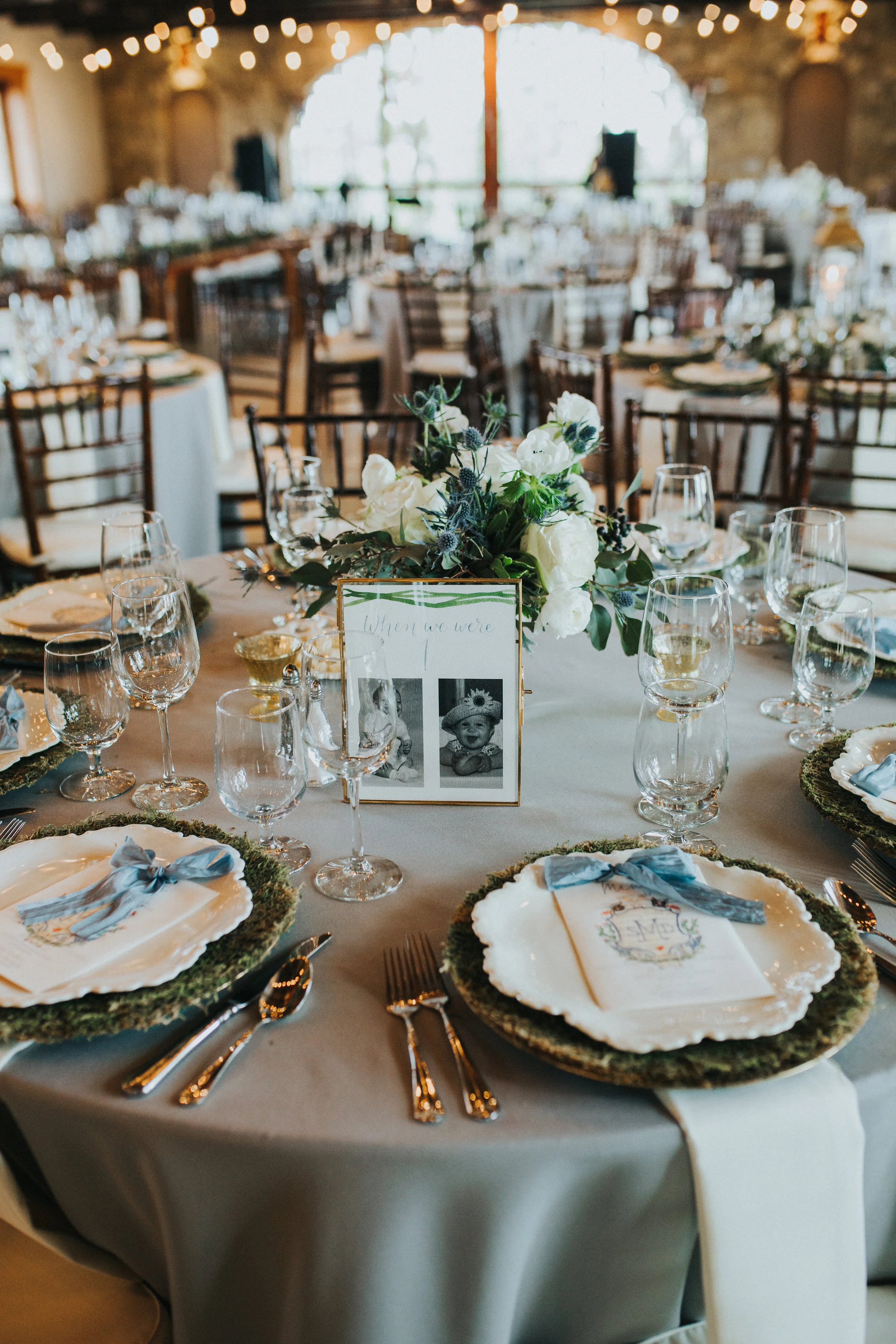Handmade plates made by Donna Aldred of Rancho Mirando sat atop moss chargers. Table numbers by a long time friend Grace Singstad of Grace Art Market.