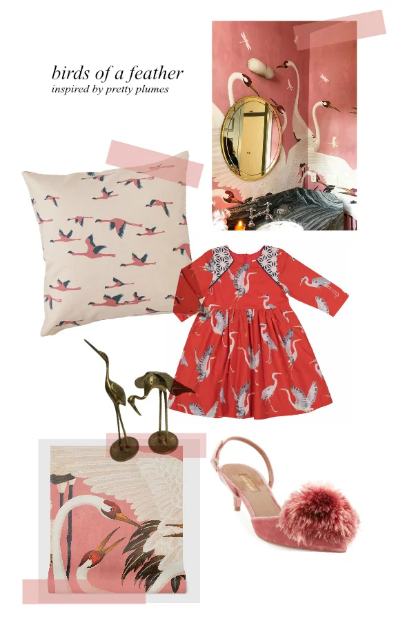 From the top: Design by Alice Lane Home / Ikea Pillow $6 / Darling Dress for Girls $84 / Pair of Brass Birds $32 / Aquazzura Pumps $318 (Marked down from $795!) / Gucci Wallpaper $1,000,000 (Not really, but probably)