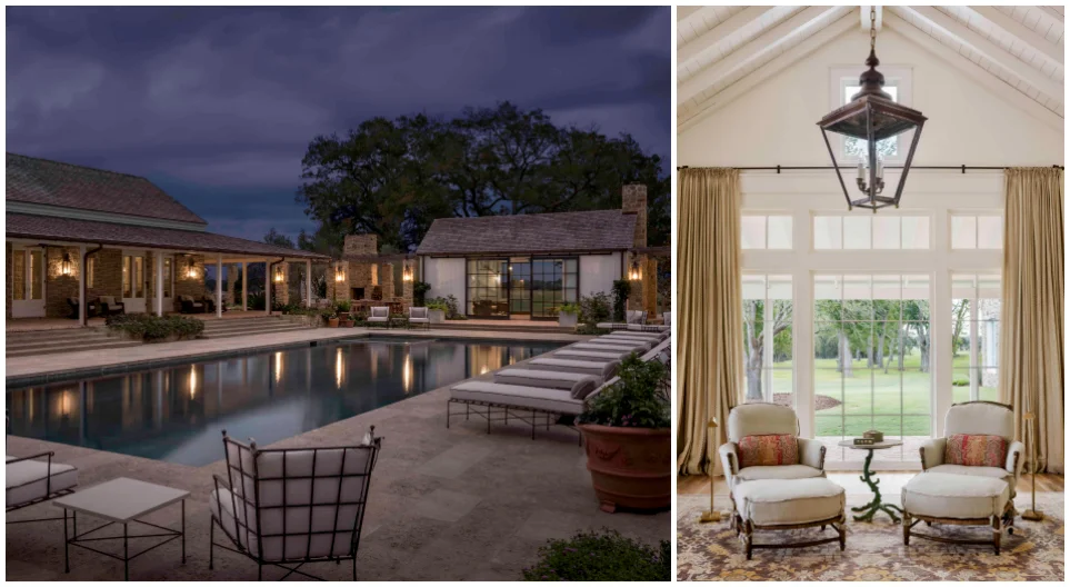 A more recently completed project in Columbus: River Ranch. "Simple white trim accents rustic Texas stone, recalling early farmhouses of Texas."
