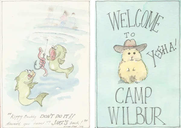 Watercolors in the mail from my dad. On the right, a reminder of my hamster waiting for me back home.