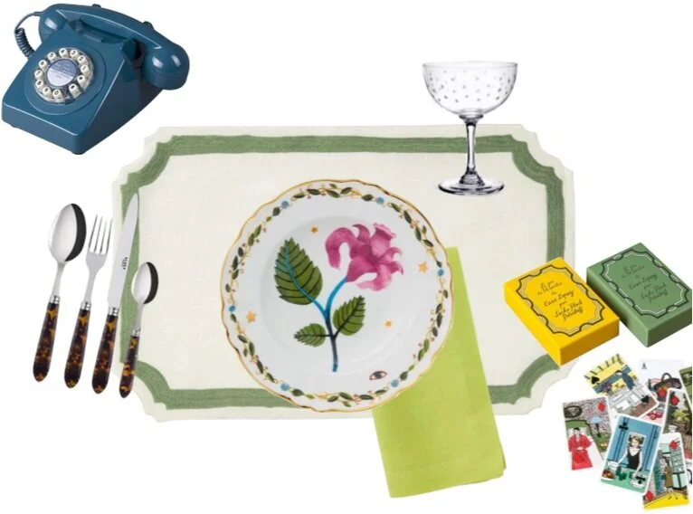 Dish / Placemat / Starry Coupe Glass / Tortoiseshell Silverware / Phone / Chic Deck of Cards