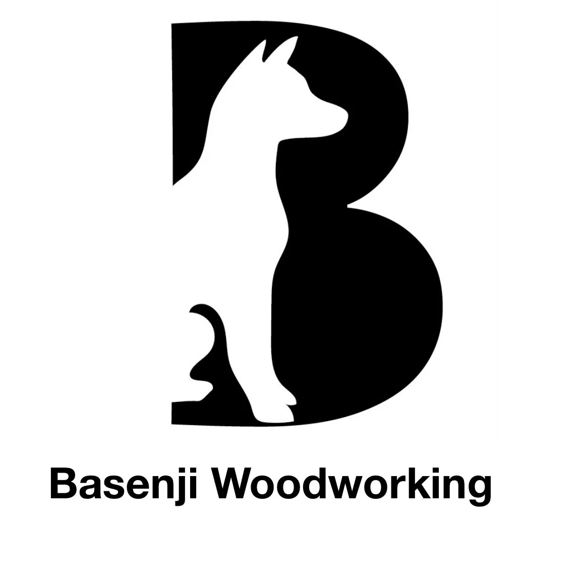 Logo with a stylized wolf profile inside a large letter B, and the text "Basenji Woodworking" below.