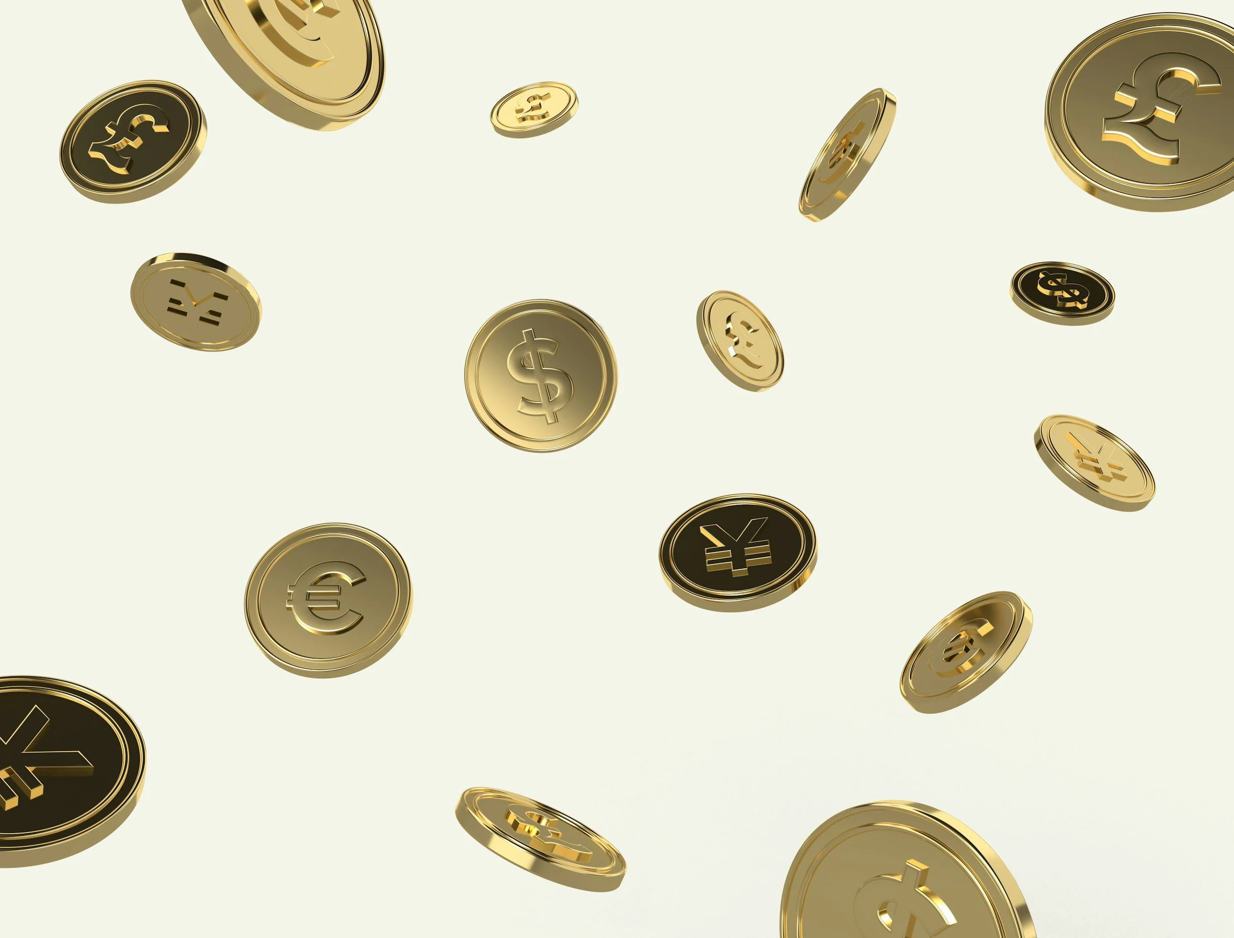 Digital image of gold coins with currency symbols falling against a light background.