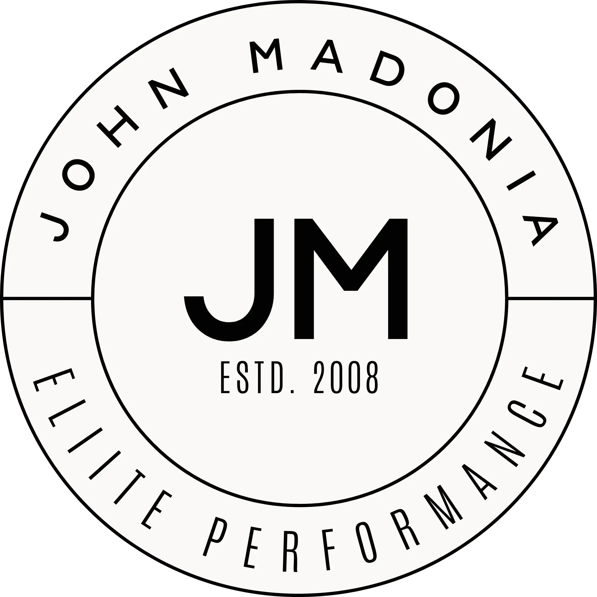 Circular logo with the name 'John Madonia' and the phrase 'Elite Performance', and initials 'JM' with an 'ESTD. 2008' in the center.