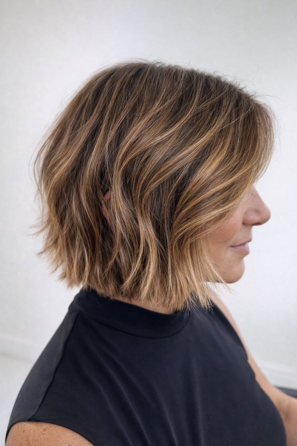 Side view of a woman with shoulder-length, wavy blonde hair with darker roots, wearing a black top, against a white background.