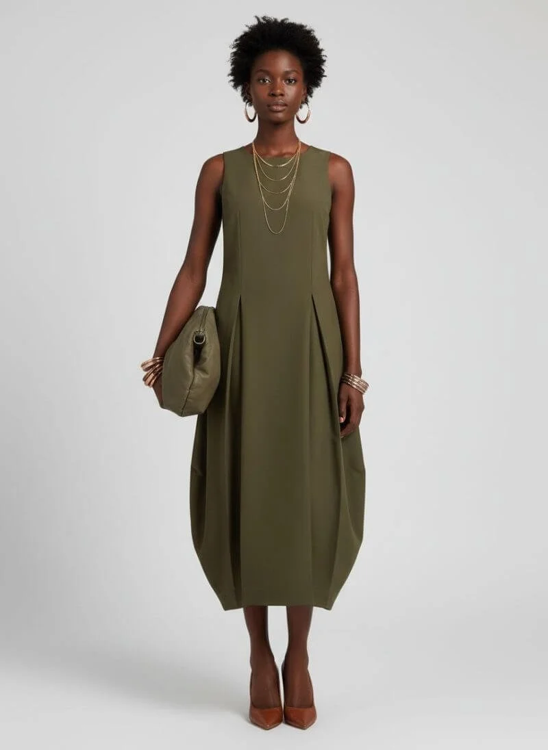 Alberto Miceli Green Cocktail Dress, olive green, made in Italy, taffeta