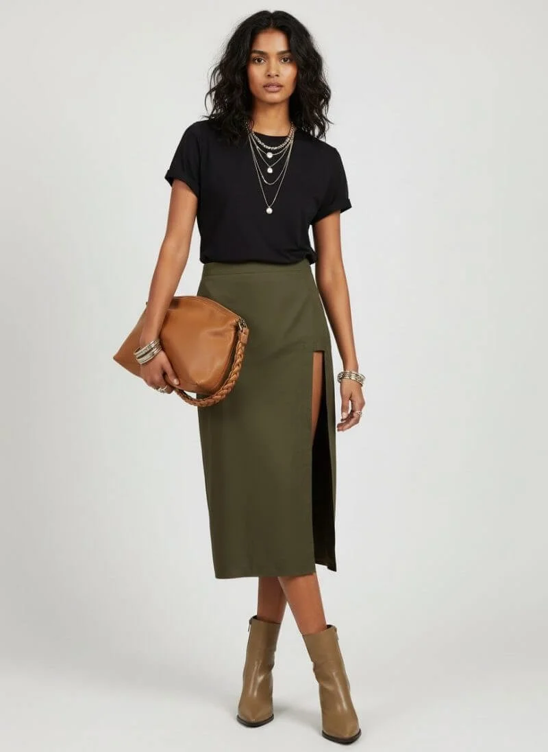 Alberto Miceli Green knee length skirt, olive green, made in Italy, taffeta