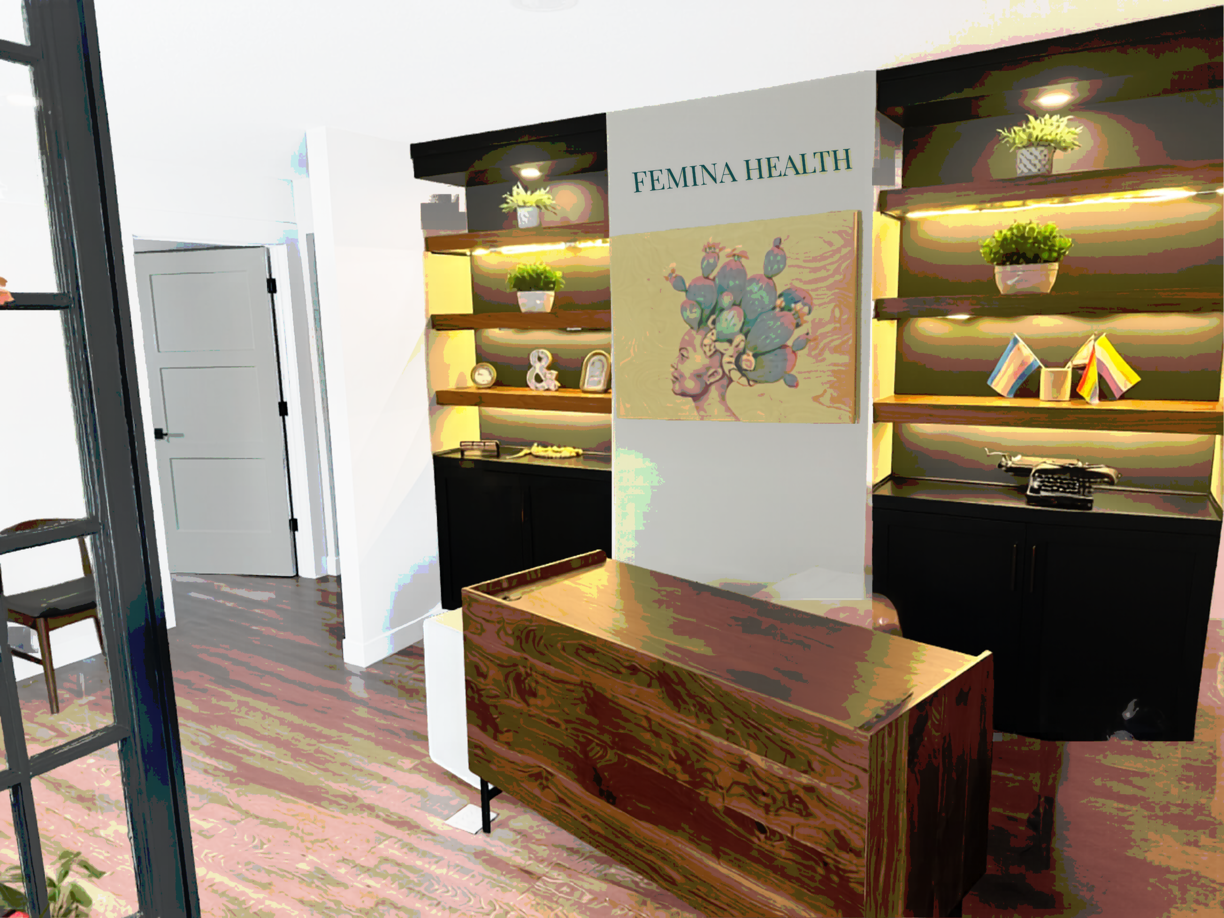 Interior of Femina Health office with wooden shelves, potted plants, decorative items, stack of books, a vintage typewriter, and a sign with the Femina Health logo.