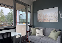 Room with gray wall, sofa with green and white pillows, large window with open door leading outside, and a cityscape painting on the wall.