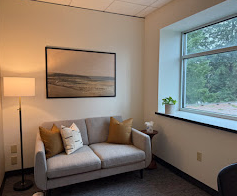 A cozy living room corner with a light gray sofa adorned with throw pillows, a large window with a view of trees outside, a tall floor lamp, and a framed landscape picture hanging above the sofa.