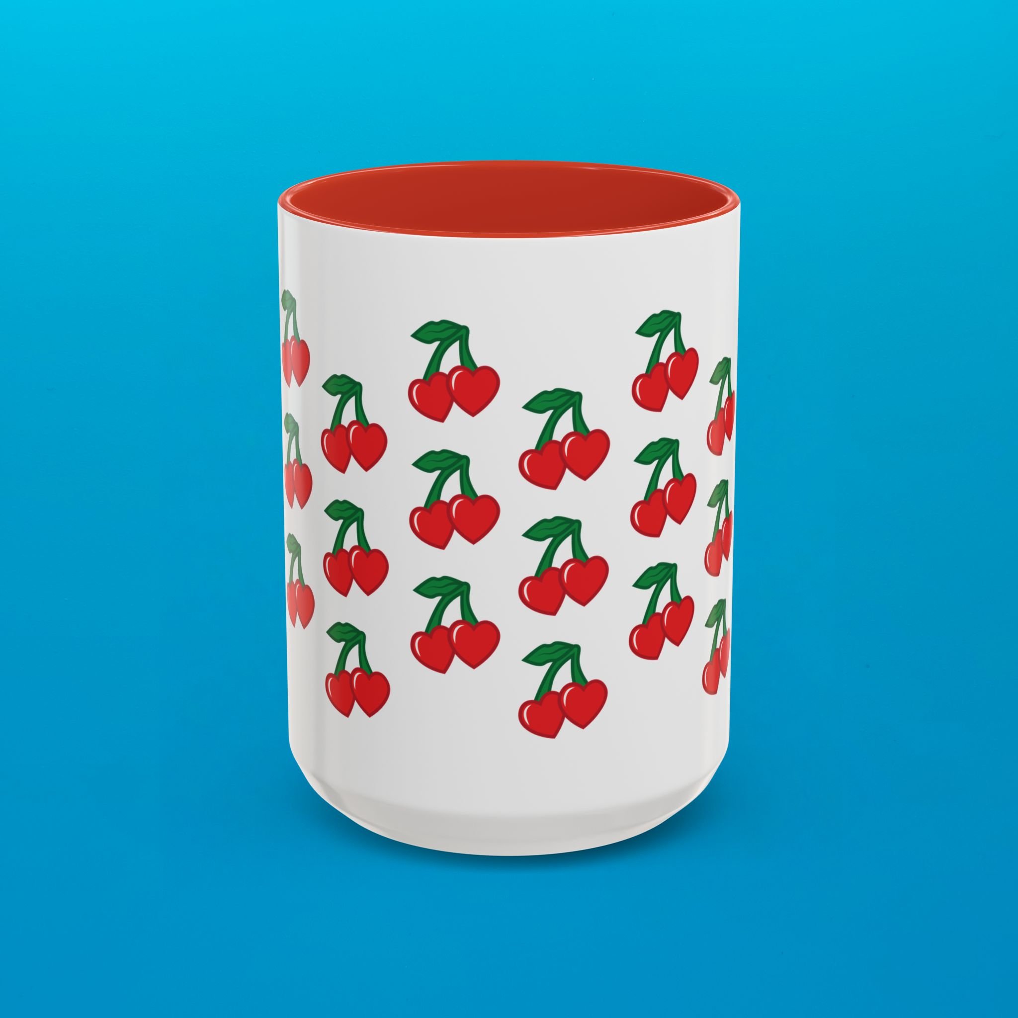 Heart Shaped Cherry Pattern Accent Coffee Mug (11, 15oz)