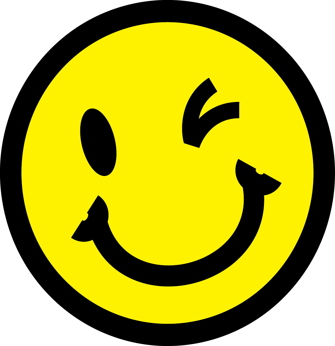 Yellow smiley face with a black outline, showing a winking eye and a wide, curved mouth on a black background.