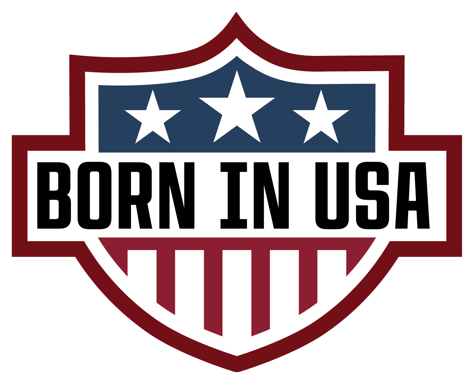 Patriotic badge with three white stars on a blue background at the top, above the words 'Born in USA' in bold black letters on a white background, with red and white stripes at the bottom of the shield.