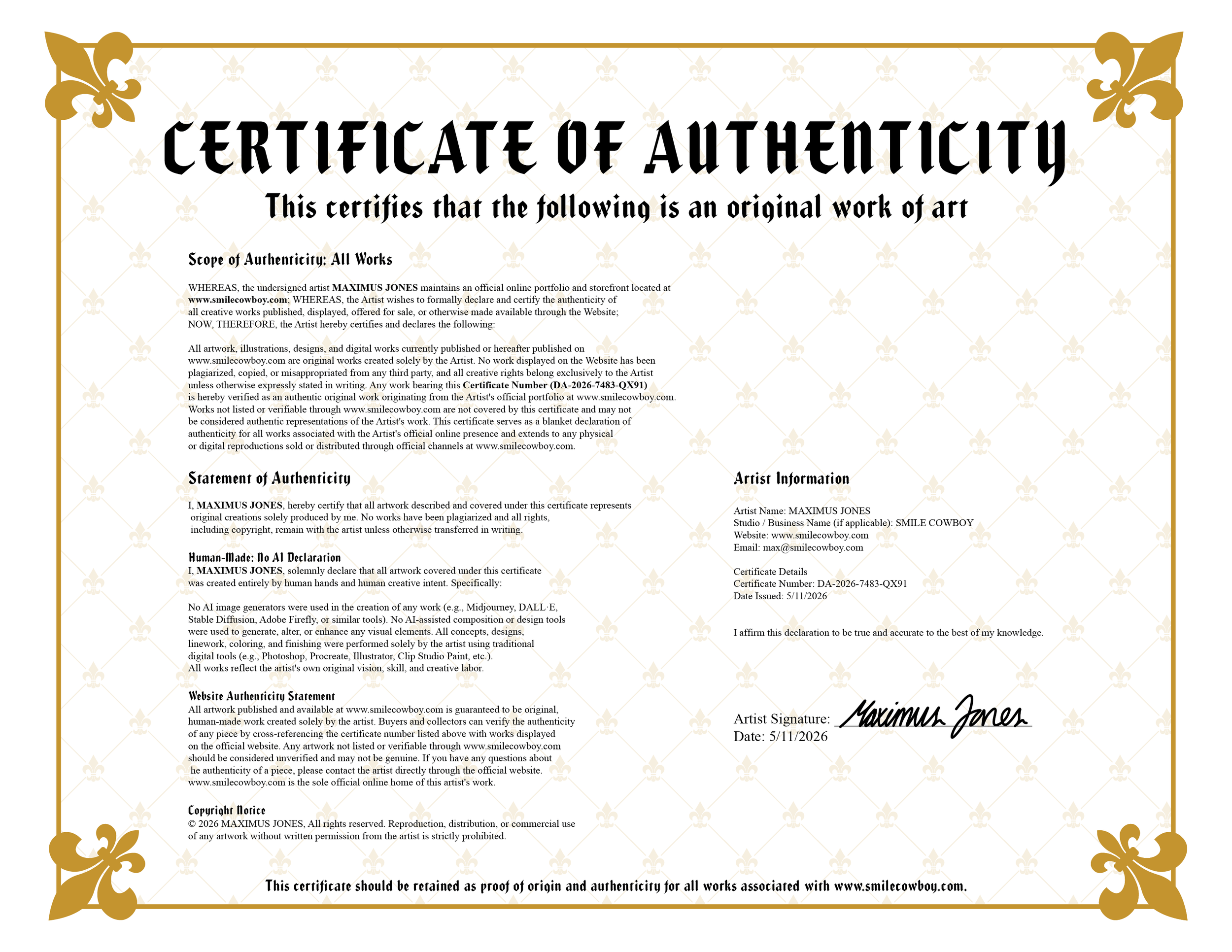 A certificate of authenticity with a decorative gold border and watermark background, signature at the bottom, and text related to art validation.