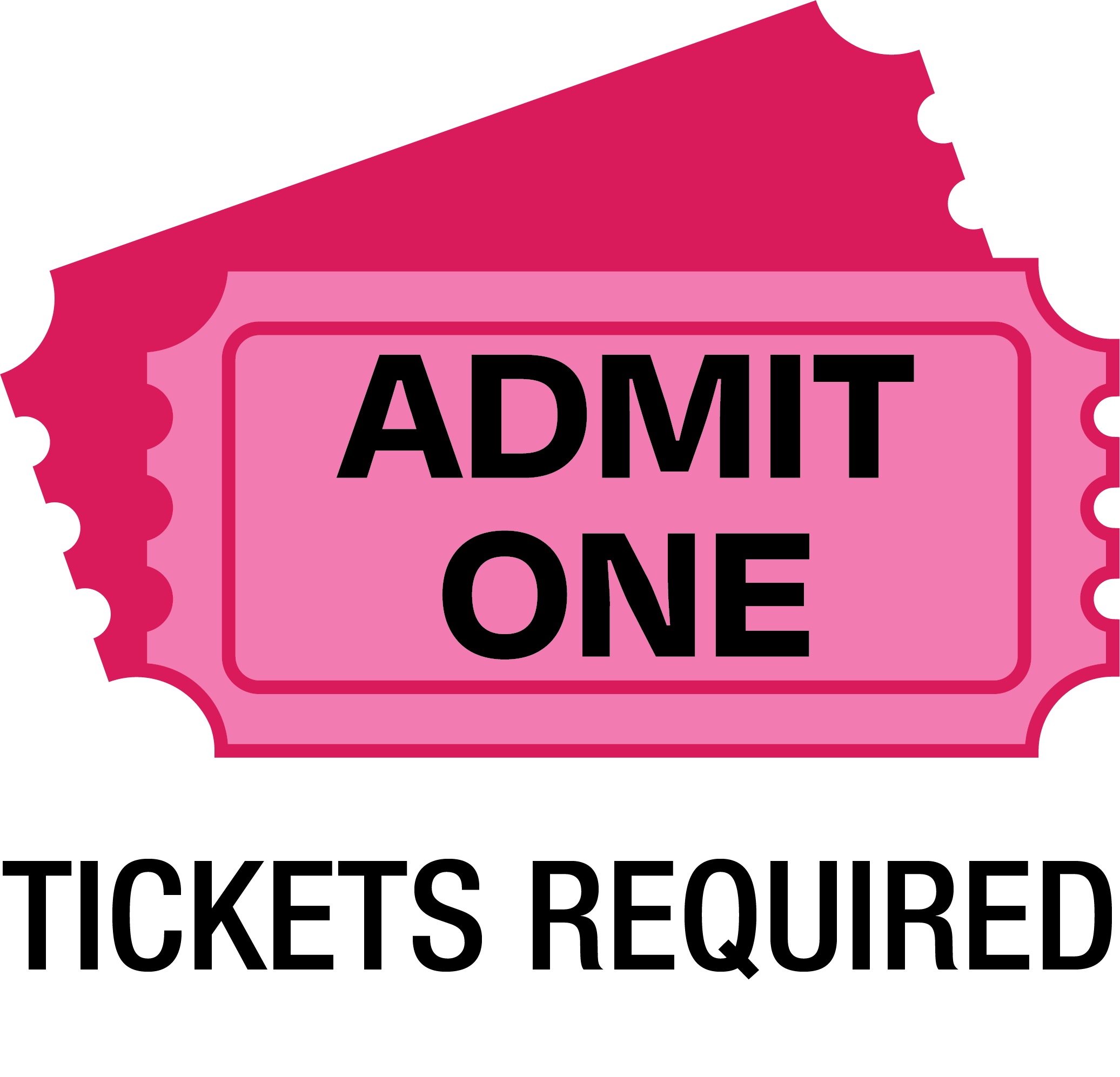Pink and black admission ticket with the word "ADMIT" in bold black letters.