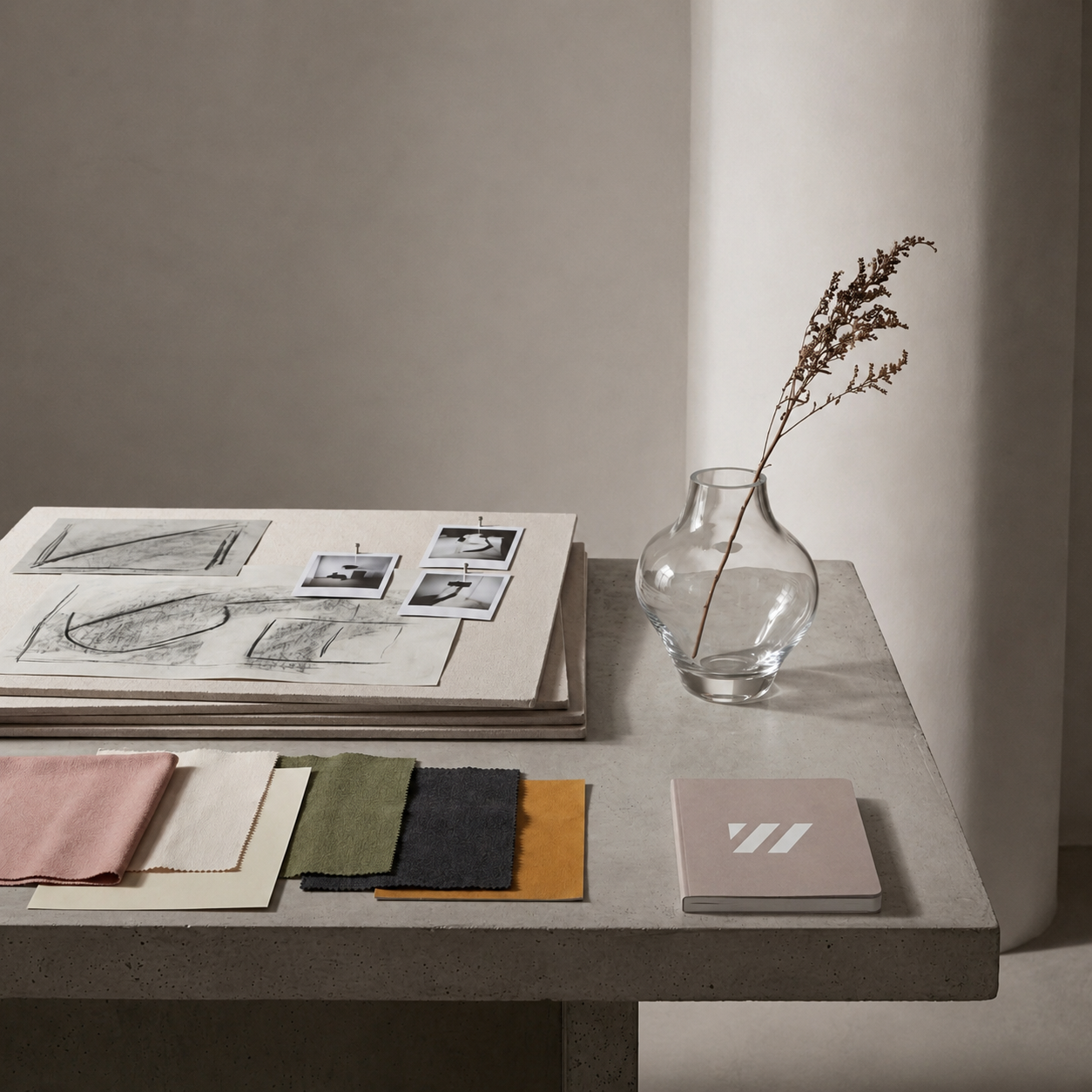 Ein Tisch mit mehreren Skizzen, Polaroid-Fotos, Stoffmustern und einem Buch. Auf der rechten Seite steht eine Vase mit getrockneten Zweigen vor einem hellen Hintergrund.