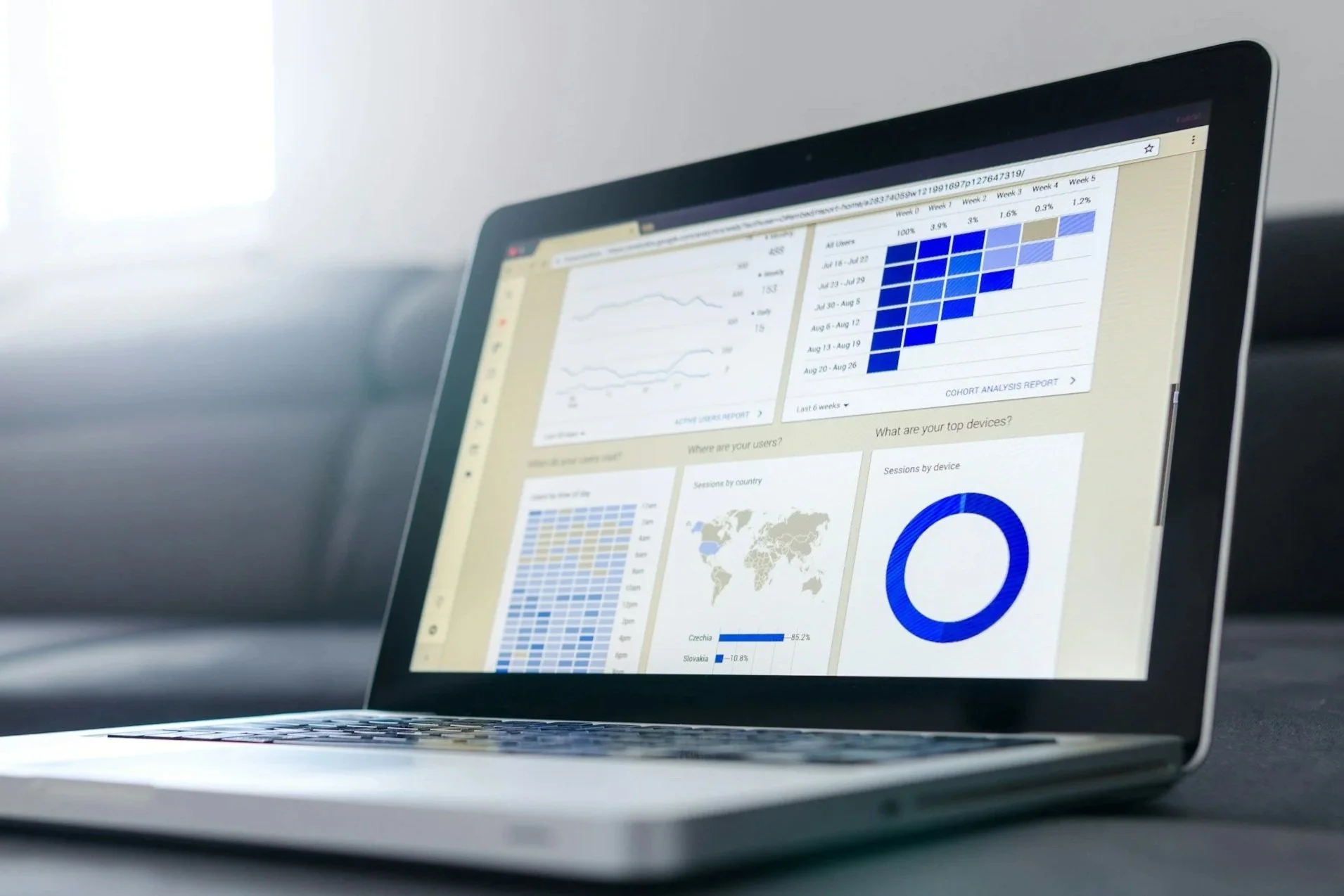 Close-up of a laptop screen displaying data charts and graphs, including a world map and a pie chart, with a blurred background.
