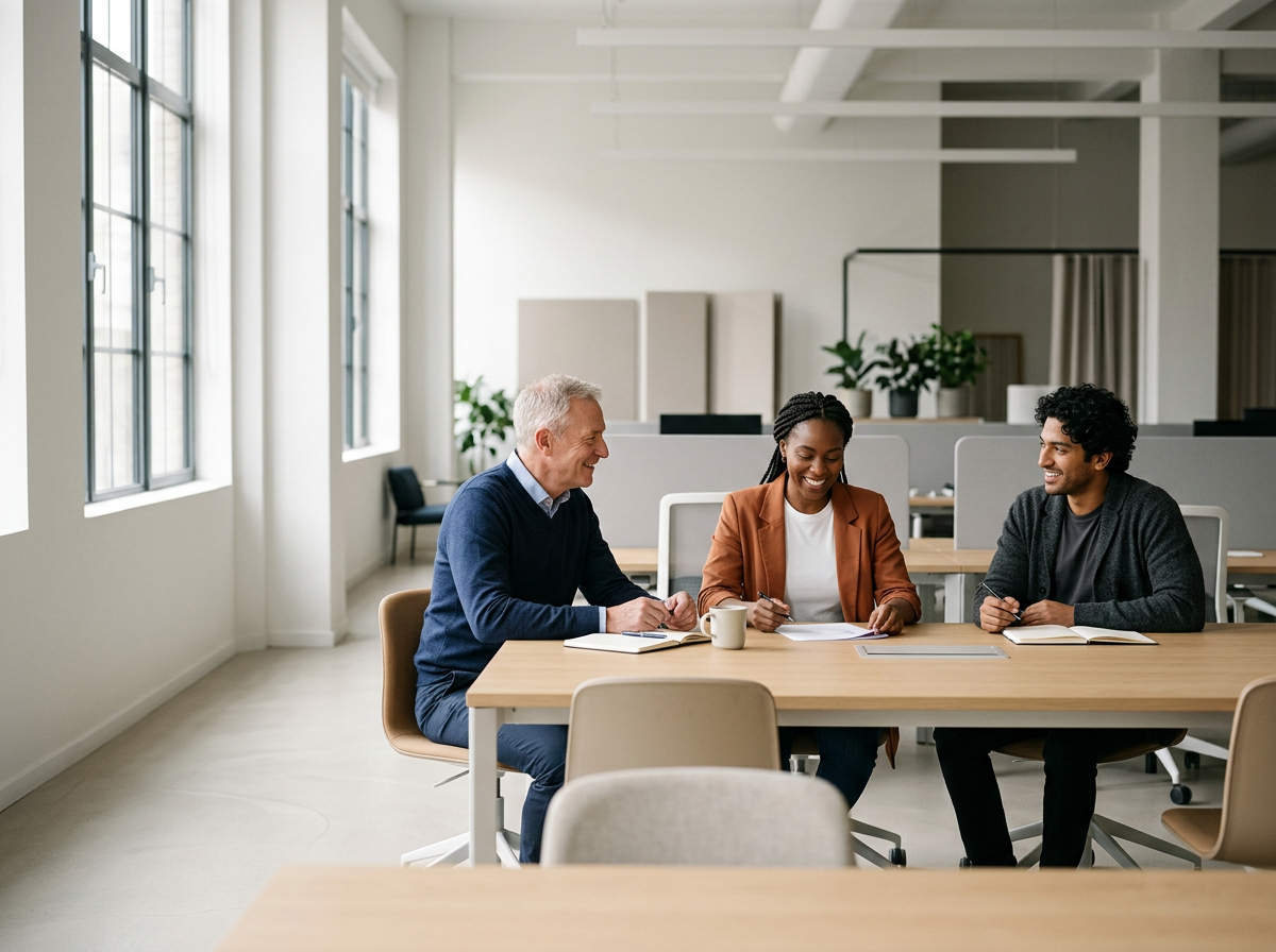 Three people sitting at a desk in a bright, modern office, engaged in a discussion and smiling.